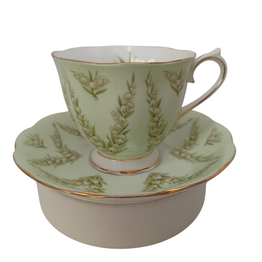 Royal Albert Green Damask Teacup Saucer Set Lily of th Valley Bone China England